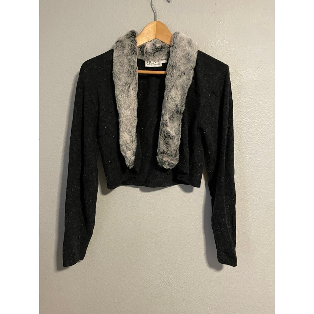 Vintage Womens Bolero Cardigan Large Black Faux Fur Trim Open Front Rave 90s